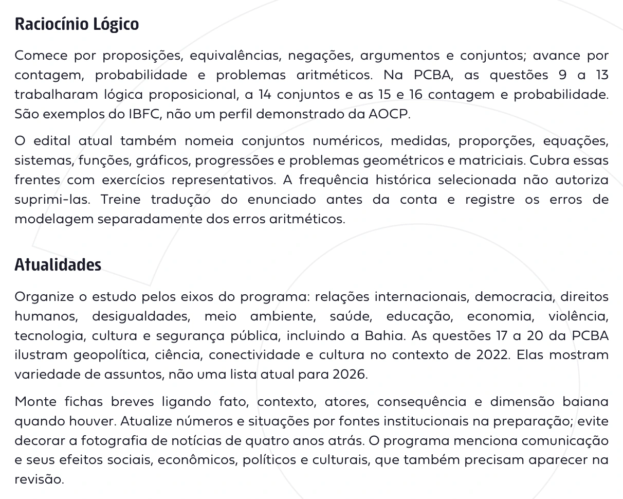 Recorte do dossiê PCBA com orientações de estudo em Raciocínio Lógico e Atualidades.