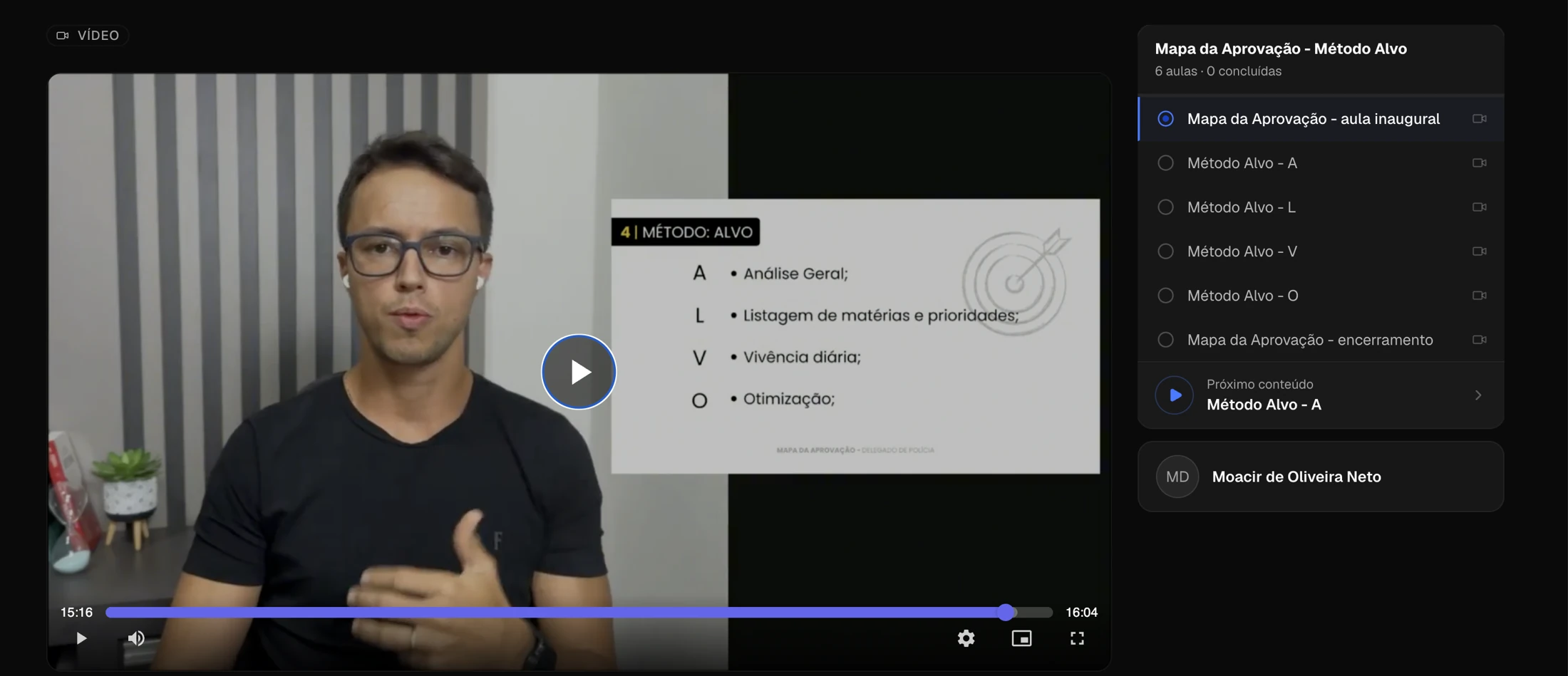 Captura real do minicurso Mapa da Aprovação — Método ALVO, com Moacir e a lista de aulas.